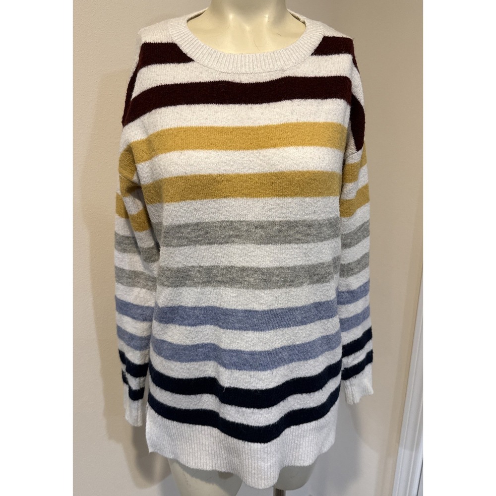STACCATO Sweater Womens XS White Stripe Knit Crewneck Roomy Pullover Lightweight
